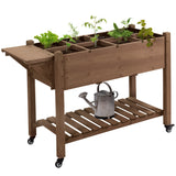 Outsunny 48" x 21" x 34" Wooden Elevated Planter Bed with 8 Pocket Grow Grid, Lockable Wheels, Foldable Side Clapboard, Filter Fabric, and Drainage Holes, Brown