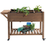 Outsunny 48" x 21" x 34" Wooden Elevated Planter Bed with 8 Pocket Grow Grid, Lockable Wheels, Foldable Side Clapboard, Filter Fabric, and Drainage Holes, Brown