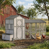 PawHut 147" Extra Large Wooden Chicken Coop for 8–10 Hens, with Run, Predator-Proof Mesh, Gray