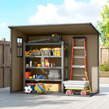 Outsunny 8' x 4' Plastic Outdoor Storage Shed with Floor, Window, Lockable Doors and Vents, Light Brown
