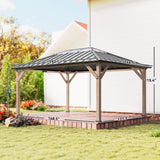 Outsunny 12' x 16' Wood Frame Gazebo with Hardtop Galvanized Steel Roof, UPF50+ Sun Protection, Clear Roof Top, Light Walnut