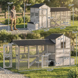 PawHut 147" Extra Large Wooden Chicken Coop for 8–10 Hens, with Run, Predator-Proof Mesh, Gray
