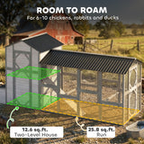PawHut 147" Extra Large Wooden Chicken Coop for 8–10 Hens, with Run, Predator-Proof Mesh, Gray
