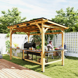 Outsunny 13' x 6' Wooden BBQ Grill Gazebo, Outdoor Hardtop Metal Roof, 2 Bar Shelves and 6 Hooks, Natural Wood