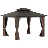 Outsunny 10' x 12' Aluminum Frame Gazebo with Hardtop Metal Double Roof, Curtains and Netting, and Ceiling Hooks, Brown