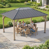 Outsunny 12' x 16' Wood Frame Gazebo with Hardtop Galvanized Steel Roof, UPF50+ Sun Protection, Clear Roof Top, Light Walnut