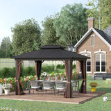 Outsunny 10' x 12' Aluminum Frame Gazebo with Hardtop Metal Double Roof, Curtains and Netting, and Ceiling Hooks, Brown