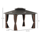Outsunny 10' x 12' Aluminum Frame Gazebo with Hardtop Metal Double Roof, Curtains and Netting, and Ceiling Hooks, Brown