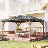 Outsunny 12' x 16' Wood Frame Gazebo with Hardtop Galvanized Steel Roof, UPF50+ Sun Protection, Clear Roof Top, Light Walnut