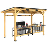 Outsunny 13' x 6' Wooden BBQ Grill Gazebo, Outdoor Hardtop Metal Roof, 2 Bar Shelves and 6 Hooks, Natural Wood