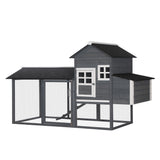 PawHut 84" Wooden Chicken Coop for 2-3 Chickens with Run, Nesting Box, Asphalt Roof, Removable Tray, Ramp, Gray