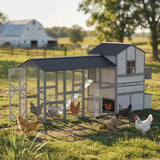 PawHut 147" Extra Large Wooden Chicken Coop for 8–10 Hens, with Run, Predator-Proof Mesh, Gray