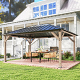 Outsunny 12' x 16' Wood Frame Gazebo with Hardtop Galvanized Steel Roof, UPF50+ Sun Protection, Clear Roof Top, Light Walnut