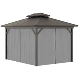 Outsunny 10' x 12' Aluminum Frame Gazebo with Hardtop Metal Double Roof, Curtains and Netting, and Ceiling Hooks, Gray