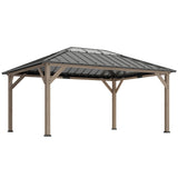 Outsunny 12' x 16' Wood Frame Gazebo with Hardtop Galvanized Steel Roof, UPF50+ Sun Protection, Clear Roof Top, Light Walnut