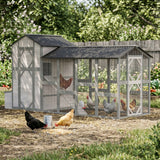 PawHut 147" Extra Large Wooden Chicken Coop for 8–10 Hens, with Run, Predator-Proof Mesh, Gray
