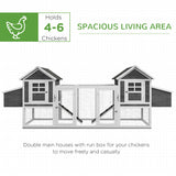 PawHut 124" Wooden Chicken Coop With Dual Henhouses, Run, Ramps, Nesting Boxes, Gray