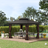 Outsunny 10' x 12' Aluminum Frame Gazebo with Hardtop Metal Double Roof, Curtains and Netting, and Ceiling Hooks, Brown