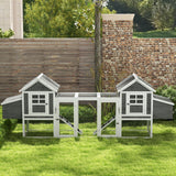 PawHut 124" Wooden Chicken Coop With Dual Henhouses, Run, Ramps, Nesting Boxes, Gray