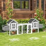 PawHut 124" Wooden Chicken Coop With Dual Henhouses, Run, Ramps, Nesting Boxes, Gray