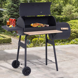 Outsunny All-in-One Charcoal BBQ Grill & Offset Smoker, Portable with Wheels, Side Vent, Two Shelves & Metal Grating, Thermometer, Black