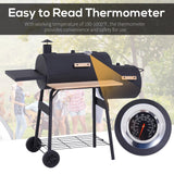 Outsunny All-in-One Charcoal BBQ Grill & Offset Smoker, Portable with Wheels, Side Vent, Two Shelves & Metal Grating, Thermometer, Black