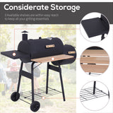 Outsunny All-in-One Charcoal BBQ Grill & Offset Smoker, Portable with Wheels, Side Vent, Two Shelves & Metal Grating, Thermometer, Black