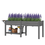 Outsunny 7.8' x 2' x 2.6' Elevated Wooden Planter Bed with Side Table, Shelf, Bed Liner & Drain Holes, Gray