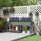 Outsunny 7.8' x 2' x 2.6' Elevated Wooden Planter Bed with Side Table, Shelf, Bed Liner & Drain Holes, Gray