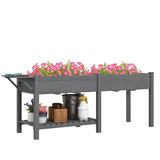 Outsunny 7.8' x 2' x 2.6' Elevated Wooden Planter Bed with Side Table, Shelf, Bed Liner & Drain Holes, Gray