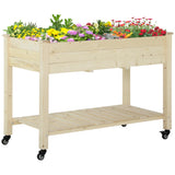 Outsunny 47" x 21" Elevated Wooden Planter Bed with Lockable Wheels, Storage Shelf, Filter Fabric & Drainage Holes, Natural