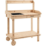 Outsunny 36" Wooden Potting Table with 2 Wheels, Removable Sink, Drawer & Storage Shelf, Natural