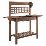 Outsunny 39" Wooden Potting Table with Sliding Tabletop, Dry Sink, Storage Shelf, Brown