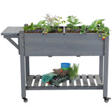 Outsunny 48" x 21" x 34" Wooden Elevated Planter Bed with 8 Pocket Grow Grid, Lockable Wheels, Foldable Side Clapboard, Filter Fabric, and Drainage Holes, Gray