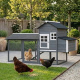 PawHut 84" Wooden Chicken Coop for 2-3 Chickens with Run, Nesting Box, Asphalt Roof, Removable Tray, Ramp, Gray