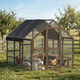 PawHut Large Wooden Chicken Coop for 8-10 Hens, with Walk-in Chicken Run, Waterproof Cover, Nesting Boxes and Perches, Dark Brown