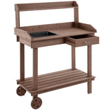 Outsunny 36" Wooden Potting Table with 2 Wheels, Removable Sink, Drawer & Storage Shelf, Brown
